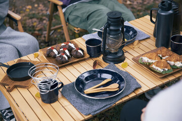 キャンプ場でランチする女性たちのイメージ写真