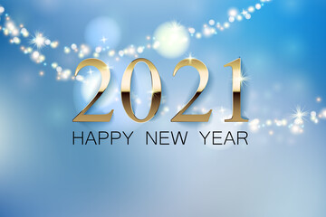 Naklejka na ściany i meble A beautiful New Year greeting banner with a blurred background, a golden inscription 2021 of the happy new year. Glowing garland and bokeh effect.