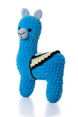 Knitted toy. Blue lama on white background. Full depth of field. With clipping path.