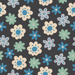 Seamless pattern with hand drawn flowers art objects on a dark background. Doodle, simple illustration. It can be used for decoration of textile, paper and other surfaces.