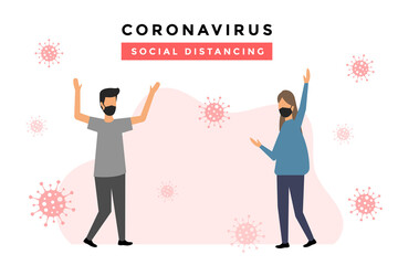 Social distancing example for greeting to avoid spreading corona virus and implementing health protocols. Flat design vector.