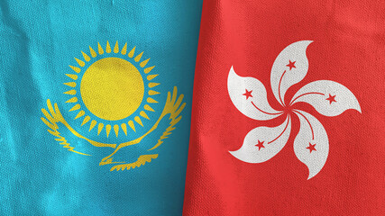 Hong Kong and Kazakhstan two flags textile cloth 3D rendering