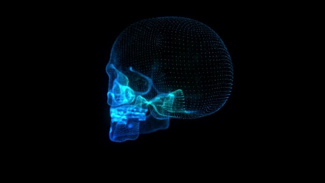 Abstract image of a skull in the form of particles in space, consisting of points. Skull animation concept.