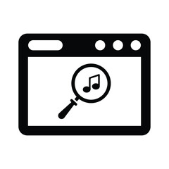 Audio search, magnifying glass, sound icon. Black vector graphics
