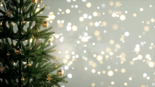 Christmas tree decorated with golden ball and snowflake with a bokeh lights background, 3d rendering blur background and fir tree for Christmas and New Year party or decoration idear.