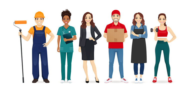 People different profession collection set. Builder, nurse, business woman, delivery man, barista, sport trainer. Isolated vector illustration