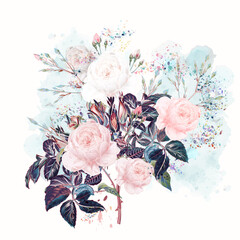 Beautiful vector  rose flowers in watercolor style