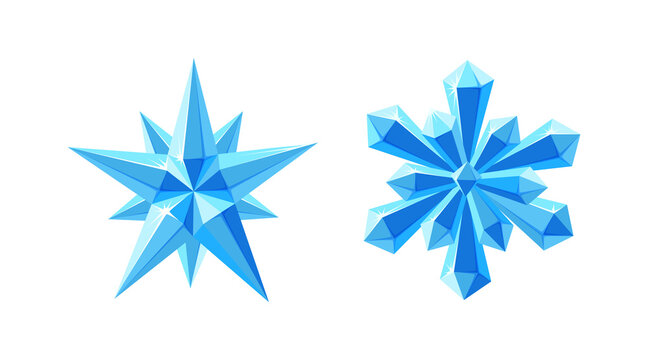 Crystal star and snowflake with sparkling facets. Shimmering set with blue snowflake and gem star made of crystals isolated in white background. Vector illustration in cartoon style