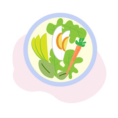 illustration of a plate full of healthy food options. carrot- greens- avocado-eggs