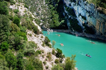 View to the cliffy rocks of Verdon Gorge at lake of Sainte Croix, Provence. Near Moustiers Sainte...