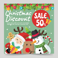 christmas banner sale santa claus snowman and deer vector design 06