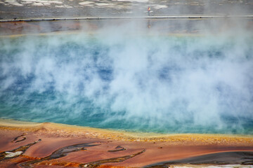 Close-up aerial view of Grand Prismatic Spring in Midway Geyser Basin, Yellowstone National Park,...