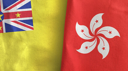 Hong Kong and Niue two flags textile cloth 3D rendering