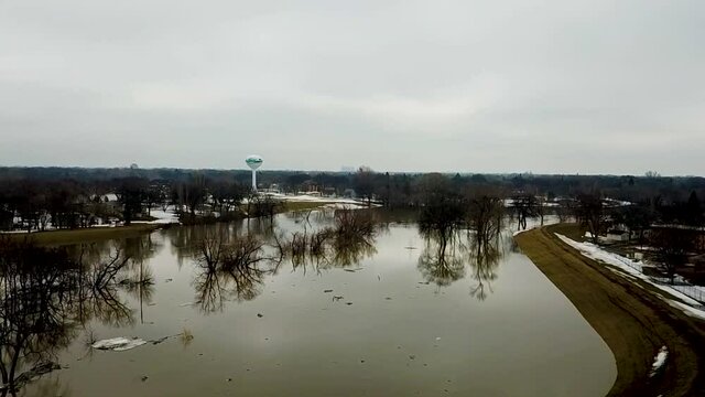 Aerial of spring flooding of the Red River in Fargo North Dakota