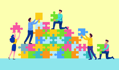 Obraz na płótnie Canvas Teamwork connecting puzzle together to reach success in business. People holding puzzle teamwork concept.