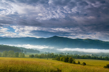 Low clouds and mist over Cades Cove in the Great Smoky Mountains National Park