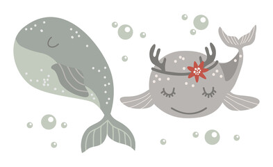 Set of Isolated baby whale. Vector illustration