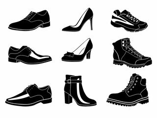 Various types of shoes. Vector graphics of silhouettes. Shoes for men and women