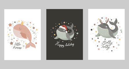 Set of Isolated christmas cards with baby whale with crown, in santa hat and in deer antlers. Vector illustration