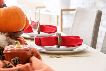 Beautiful table setting for Thanksgiving Day celebration in dining room