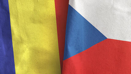 Czech Republic and Romania two flags textile cloth 3D rendering