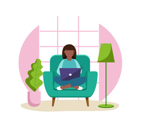 Happy young a dark skinnedwoman is relaxing on comfortable chair and using laptop. Vector illustration