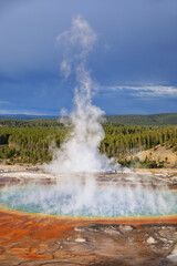 Aerial view of Grand Prismatic Spring in Midway Geyser Basin, Yellowstone National Park, Wyoming, USA