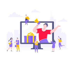 Refer a friend flat style design vector illustration business concept. Man with megaphone stands in the pc monitor and shout out to the people.