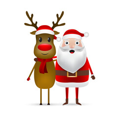 Christmas Santa claus and reindeer close up on a white background. Vector illustration for a festive design