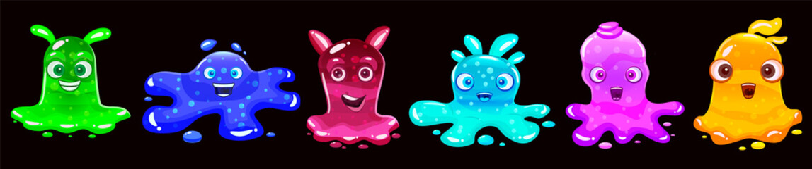 Set Slime jelli monsters characters, liquid yellow green red cyan violet blue creatures