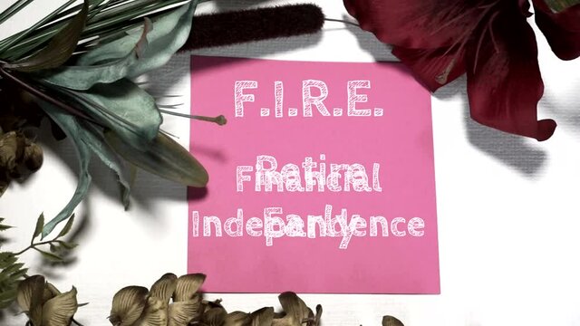 F.I.R.E. digitally written on a piece of pink cardstock on a white canvas backdrop with blue, green and burgandy floral accents