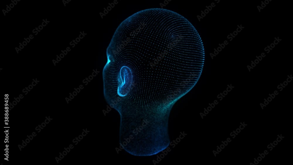 Poster digital particle face technology. abstract artificial intelligence. head in the form of a particles.