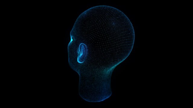 Digital particle face technology. Abstract artificial intelligence. Head in the form of a particles. Hologram model. Looping 3d animation.