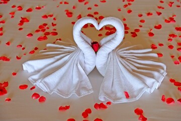 Honeymoon bed decorated with couple of swan lowers towel art, Bed Decoration by Towels surrounded...