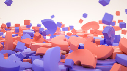 red and blue three-dimensional half rings scattered on a white background. 3d render illustration