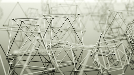 many chrome-plated polygonal figures from atomic lattices. abstract background. 3d render illustration