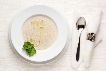 Mushroom soup puree in a white plate