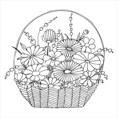 Summer bouquet of beautiful garden flowers in a vase, black and white outline vector cartoon illustration for a coloring book page
