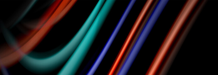 Dynamic motion abstract background. Color blurred stripes on black. Wave liquid lines poster. Vector illustration