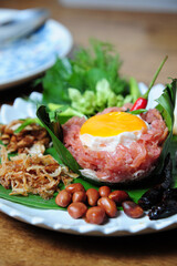 fermented pork with egg in north thai style. close up