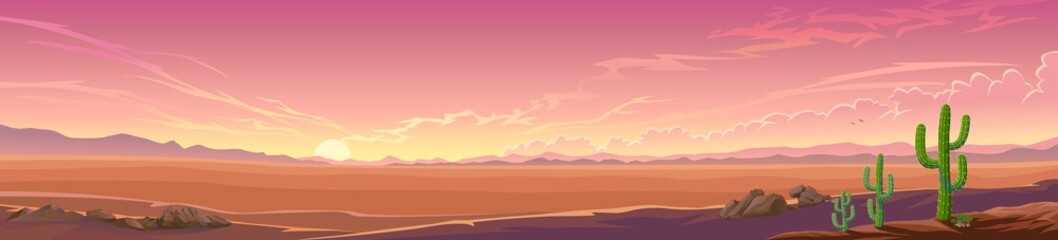 Panoramic view of a desert sunset. A wide view of a large landscape with some vegetation. - obrazy, fototapety, plakaty