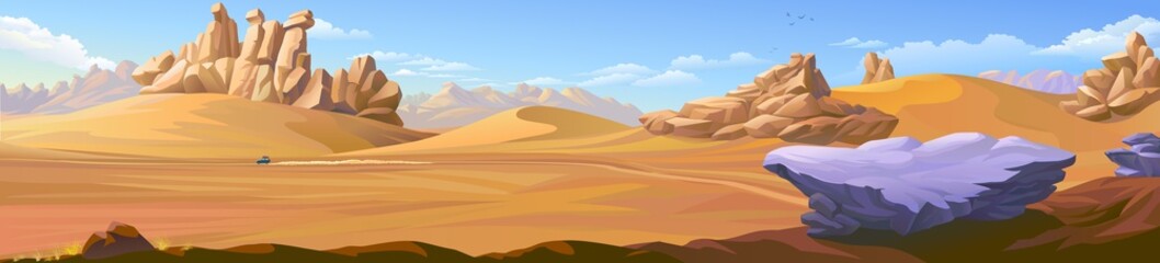 Panoramic view of a desert landscape with a vehicle traveling across the sand dunes.