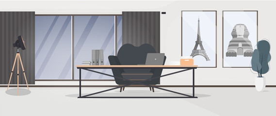 Office with a large panoramic window. A room with a workplace. Office. Table, armchair, laptop, documents, large window. Light colors, loft style. Vector.
