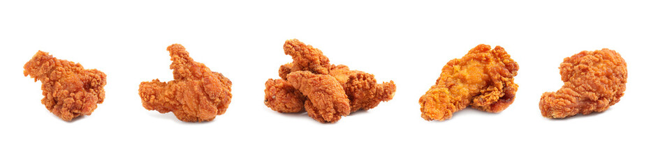 Set of fresh fried chicken on white background