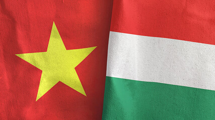 Hungary and Vietnam two flags textile cloth 3D rendering