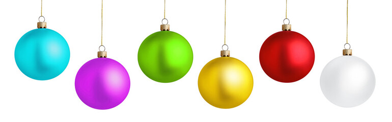 Set of bright Christmas balls on white background. Banner design