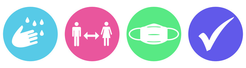 Bunter Coronavirus Banner: H&auml;nde waschen, Abstand halten, Maske tragen und H&auml;kchen