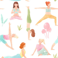 Obraz na płótnie Canvas Beautiful seamless pattern with watercolor cute yoga girls. Stock illustration.
