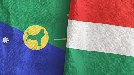 Fototapeta premium Hungary and Christmas Island two flags textile cloth 3D rendering