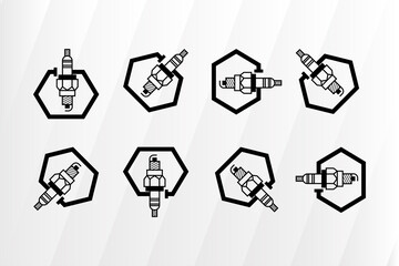 Fototapeta premium Set of spark pugs vehicle icon. variation rotation angle. combination with hexagon. black and white color. line style. the designs can be used for engineering logo.